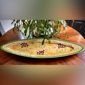 LARGE OVAL GREEN YELLOW FLORAL & GRAPES HAND PAINTED FRENCH PLATTER SERVEWARE